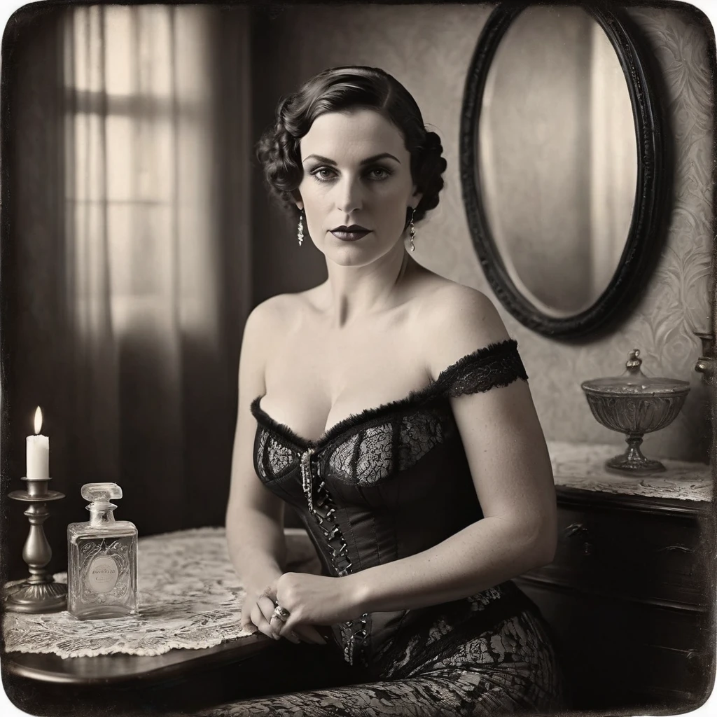 tintype photo, black and white boudoir photography of an attractive austrian woman, age 48, black hair styled in braided cornrows, curvy body, embodying grace and poise in a stunning black lace corset and stockings. she sits serenely in front of a vintage vanity table adorned with a captivating array of antique perfume bottles, the soft diffused lighting casting a warm and intimate glow over the scene. the vintage and glamorous effect enhances the ambiance, creating a mood of sophistication and allure reminiscent of helmut newton's iconic aesthetic. this composition captures a moment of quiet elegance and understated sensuality, celebrating the beauty and confidence of the subject, perfect hands, perfect body
