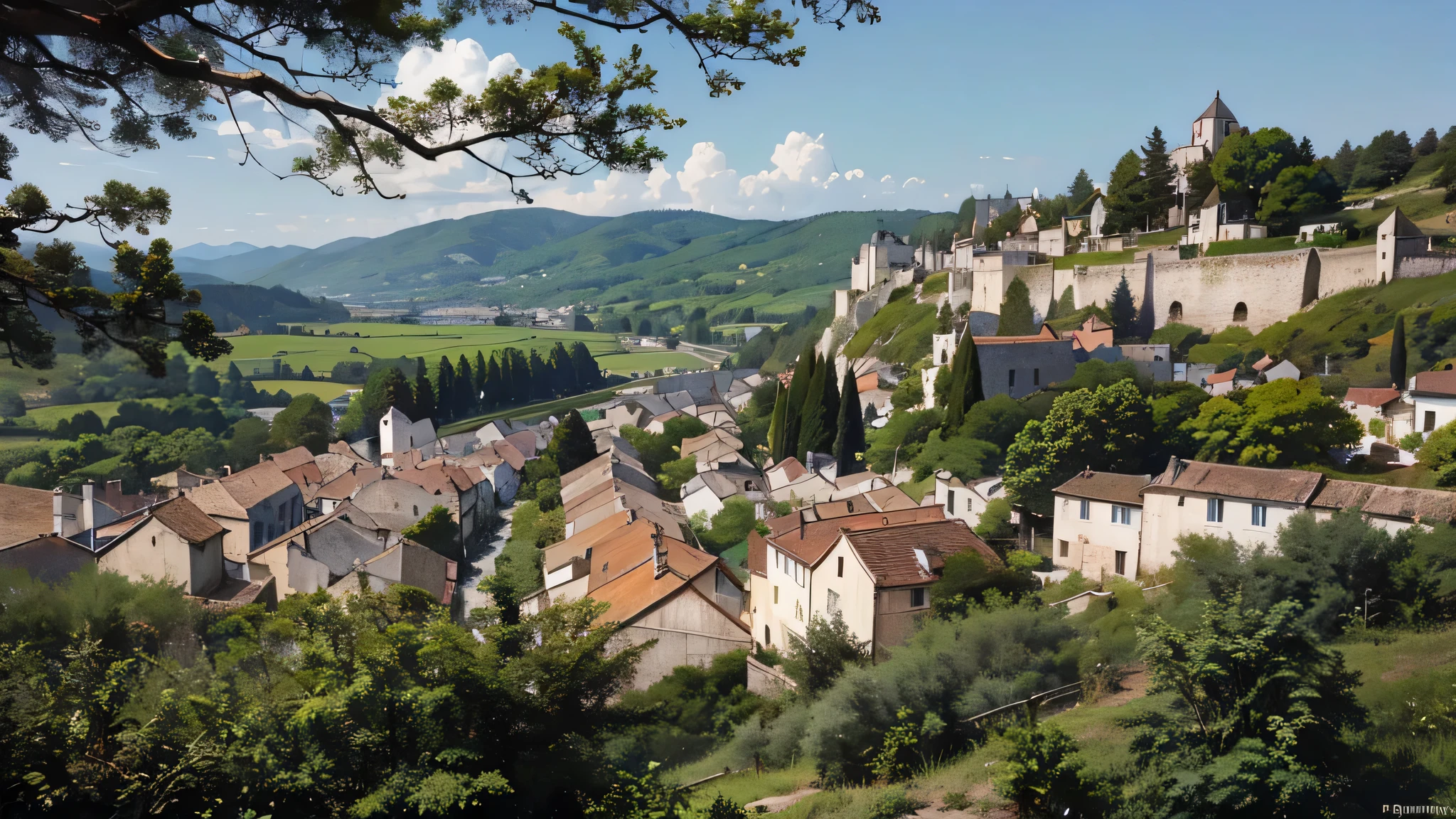 vue arafée d'un village avec un château sur une colline, lourmarin, aperçu, voyager en france, paysage médiéval français, village en arrière-plan, vue des villages, ville en arrière-plan,  paysages du sud de l'Europe , un petit village médiéval, autour de la ville, paysage de ville médiévale, vieux village dans la distance, by Raphaël Collin, photo réaliste d&#39;une ville, style anime