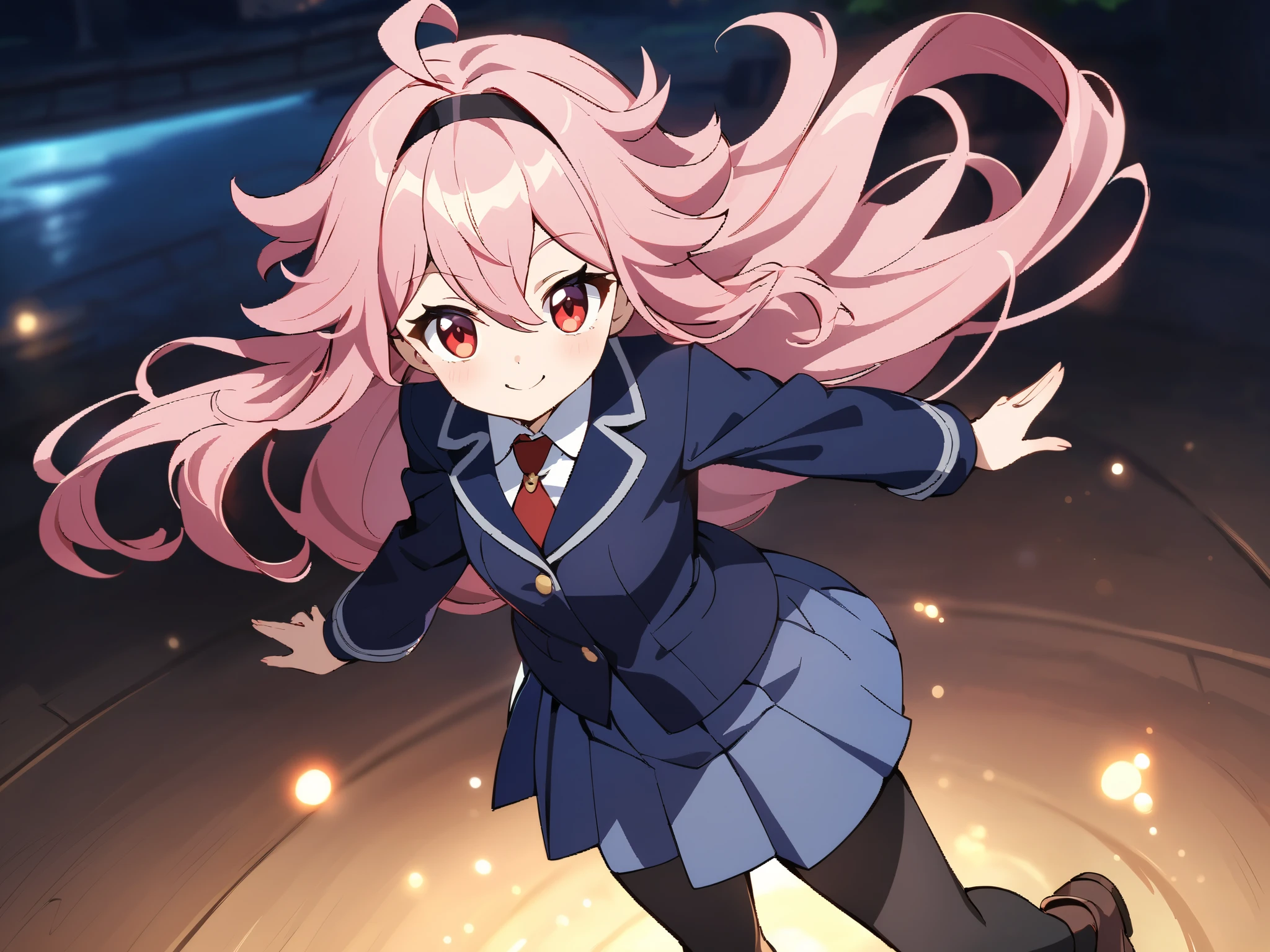 standing, cute, round eyes, smile, pretty, , red necktie, brown shoes, girl, indigo school uniform jacket, white school uniform shirt, floating hair, indigo school uniform skirt, very messy hair, ahoge, pink hair, spiked hair, long hair, red eyes, black hairband, 1girl, full black stocking, best quality, amazing quality, very aesthetic, highres, incredibly absurd, masterpiece, japanese anime, genshin art style,