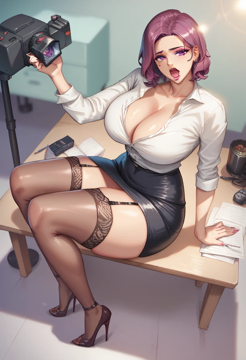 (solo 1 skinny girl standing in office:1.2), swaying back, business suits, (black blazer over white dress shirts), (bursting gigantic huge breasts:1.2), necktie, inconceivably thin waist, too short black skirt, thigh gap, highheels, nose blush, perfect anatomy