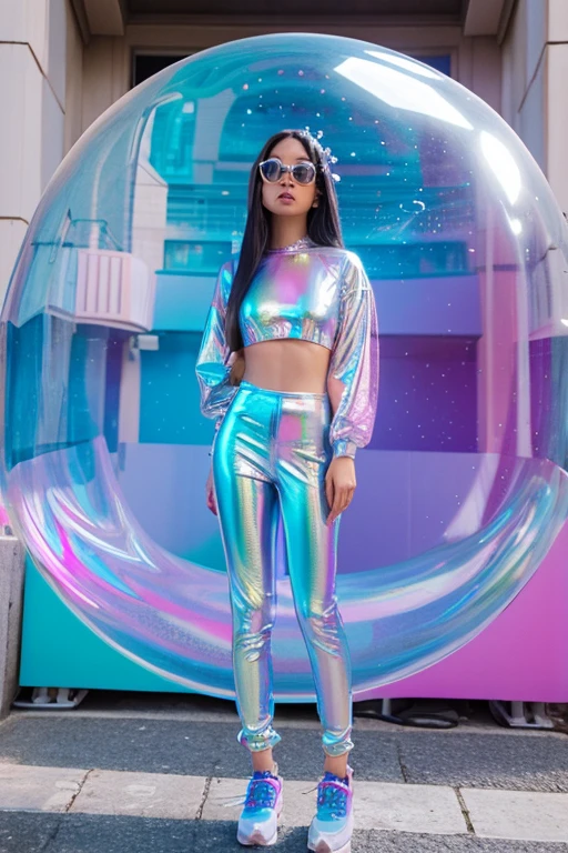 Una mujer con un vestido brillante posando para una foto., translucent dress, bella poarch, vistiendo futurista, vistiendo futurista clothing, moda futurista, ropa futurista, traje rave audaz, moda futurista clothing, Futuristic cyber clothing, Futuristic and ethereal, ropa futurista, Iridescent aesthetics, holographic suit, futuristic techwear, aspecto futurista, Iridescent transparent lingerie