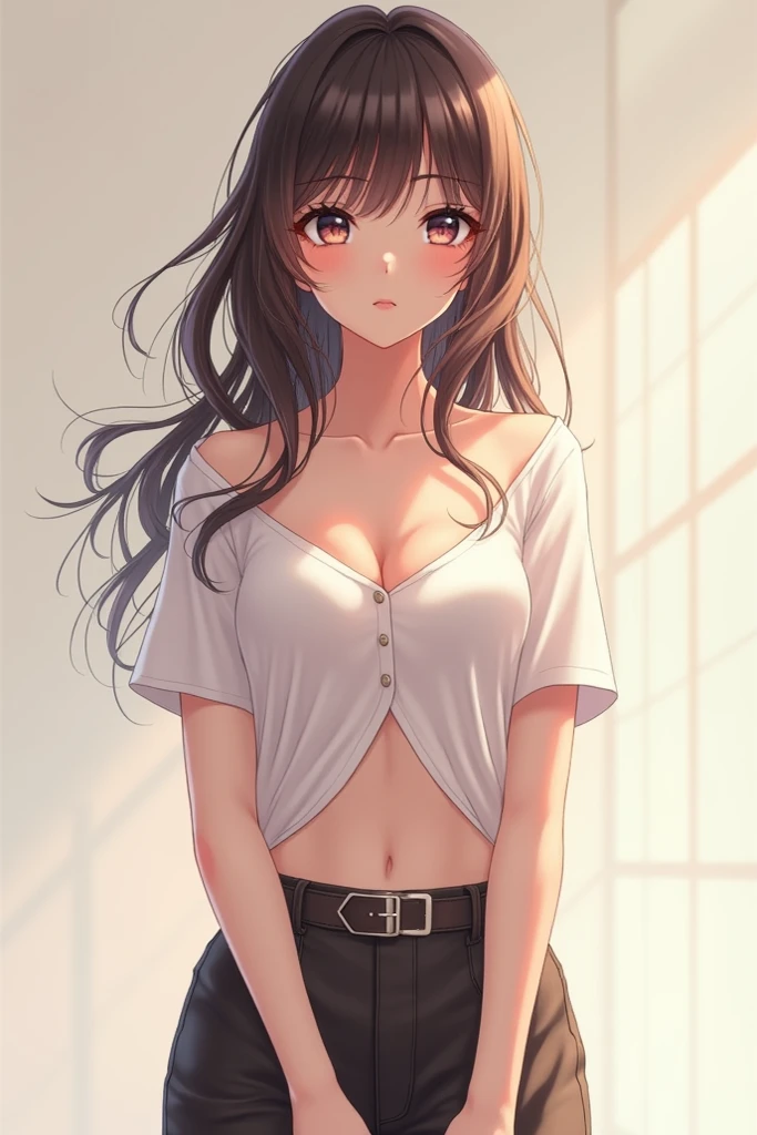 (masterpiece, best quality, ultra-detailed, highres, 4k),(beautiful detailed eyes),(very detailed face),(1girl),HDR,long hair, shorts, phone, brown eyes, brown hair, cellphone, bracelet, tank top, jewelry, watch, lips, solo focus, nail polish, blurry background, smile, wristwatch, realistic, blurry, looking at viewer