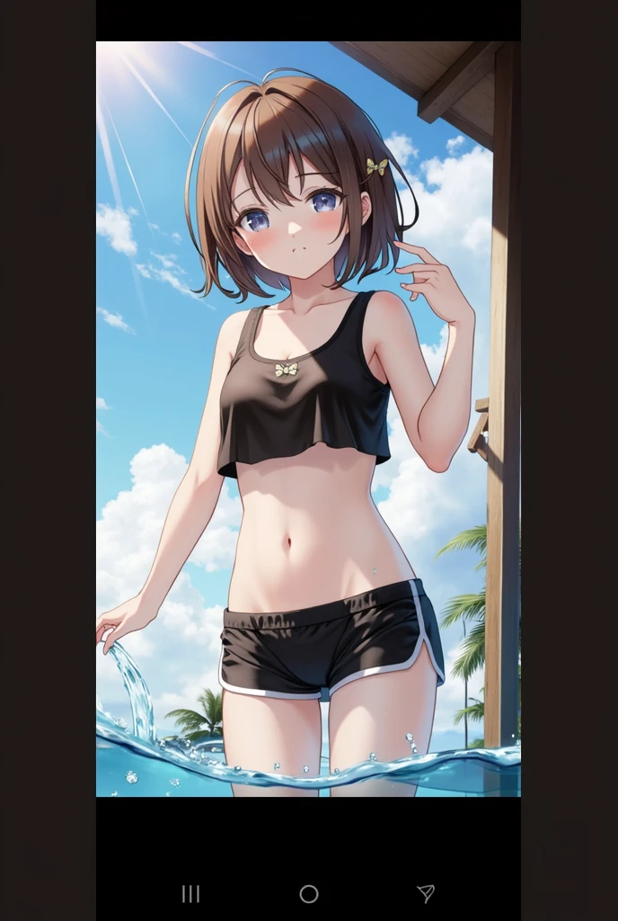 Purple eyes, black swimsuit, short, short hair, brown hair, no chest, clothing store, smile, standing, two piece swimsuit, purple bracelet, white jacket, swim underwear, swim bra, flat, store, inside