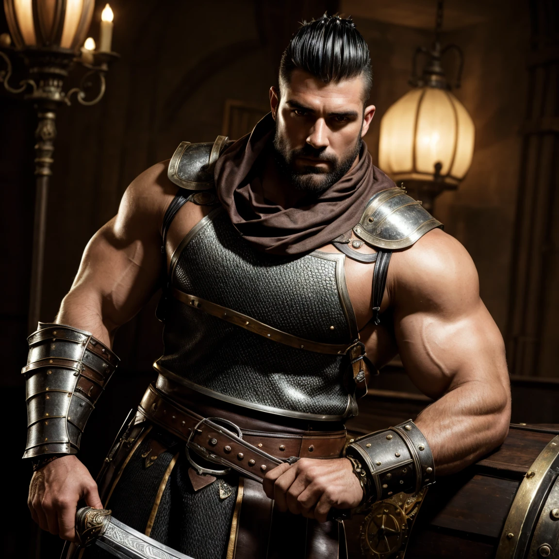 Raw, cinematic shot, (sharp focus:1.5), (photorealistic:1.2), 1boy, medium portrait bulk daddy huge pecs of (a weary-looking but still proud and fierce-looking บาบาเลี่ยน warrior, now the leader of his village, dressed in elaborately detailed chain mail and leather armour, a few torches burn on the walls, giving the scene a dark atmosphere but sculpting the forms in sharp chiaroscuro), it is night time, dark lighting, twilight lighting, volumetric lighting, blackground is city ruin.