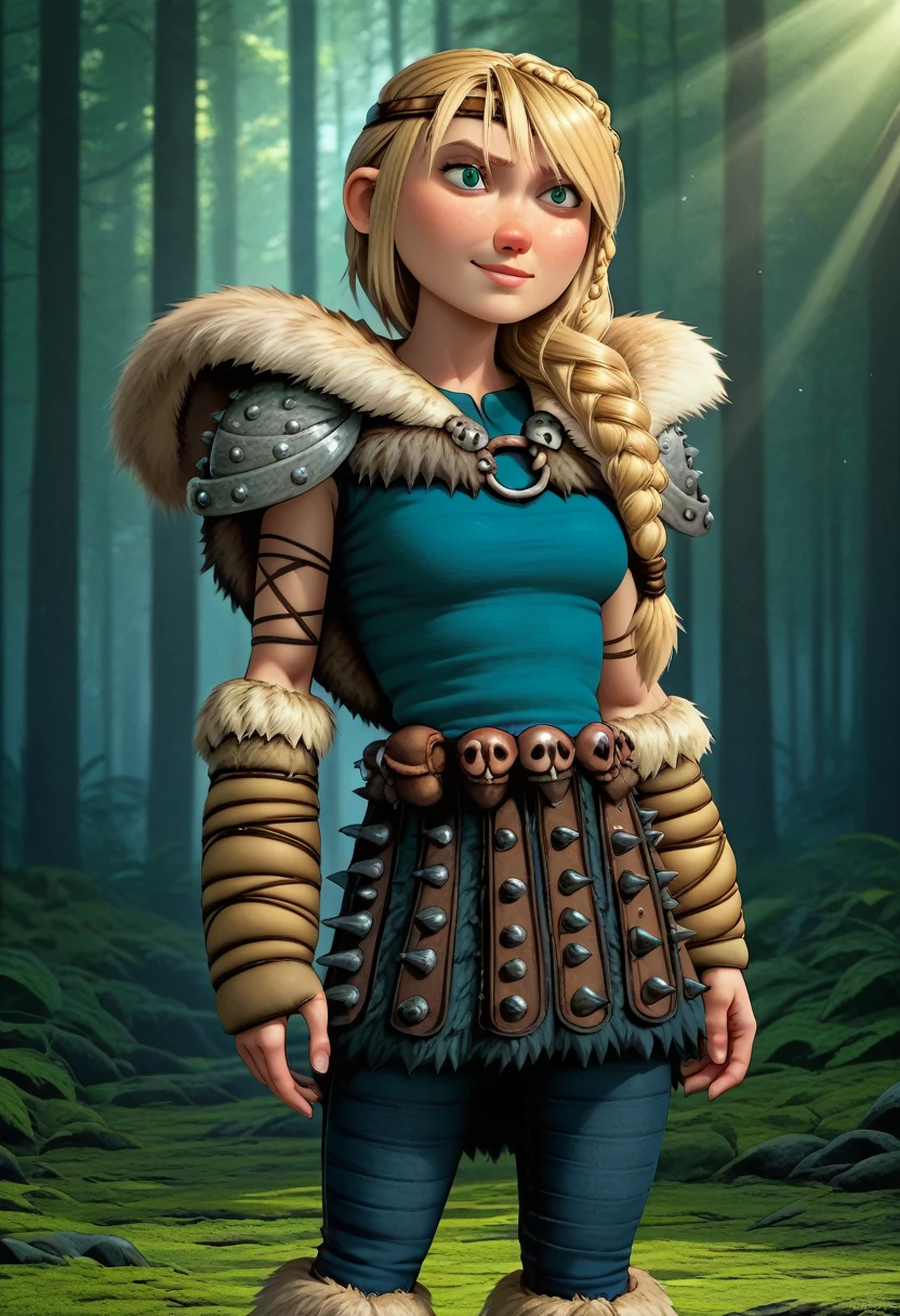 DreamWorks Animation 3D style image. Astrid Hofferson from How to Train Your Dragon, an 18-year-old Viking girl with an athletic body, blonde hair tied in a long side braid, with a few loose strands framing her face. She wears reinforced leather armor, consisting of a blue tunic with brown and gray details, as well as metal shoulder pads decorated with spikes. Her skirt is made of overlapping leather strips, matching high fur boots. Astrid carries her iconic axe firmly as she walks through the forest, surrounded by tall trees and dense vegetation. Rays of sunlight penetrate the canopy, softly illuminating the environment, while fallen leaves cover the ground.