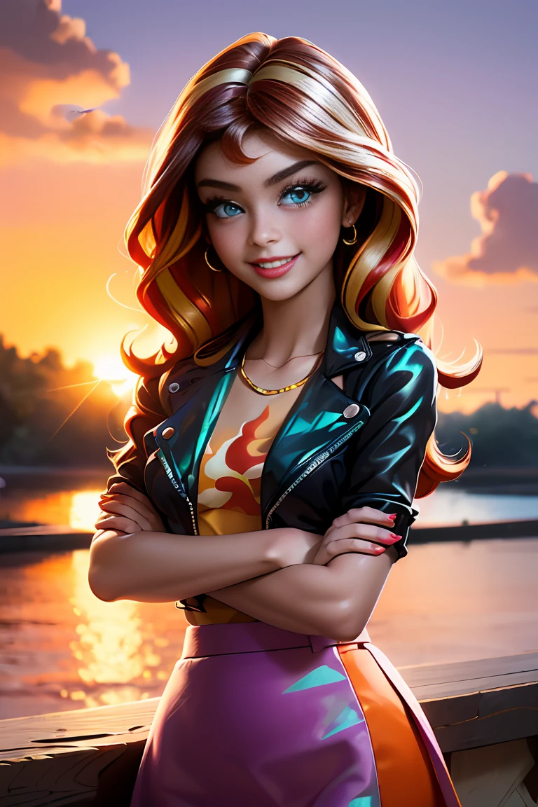 (masterpiece, The best quality:1.2), only, 1girl, mlpshimmer, Nice smile , make-up , Red lips , looking at the viewer, Crossed arms, small black jacket , Orange T-shirt , purple skirt , sunset shimmer , 21 years , beautiful teenage girl , Teenage model , turquoise eyes , Varied background, Full body photo 