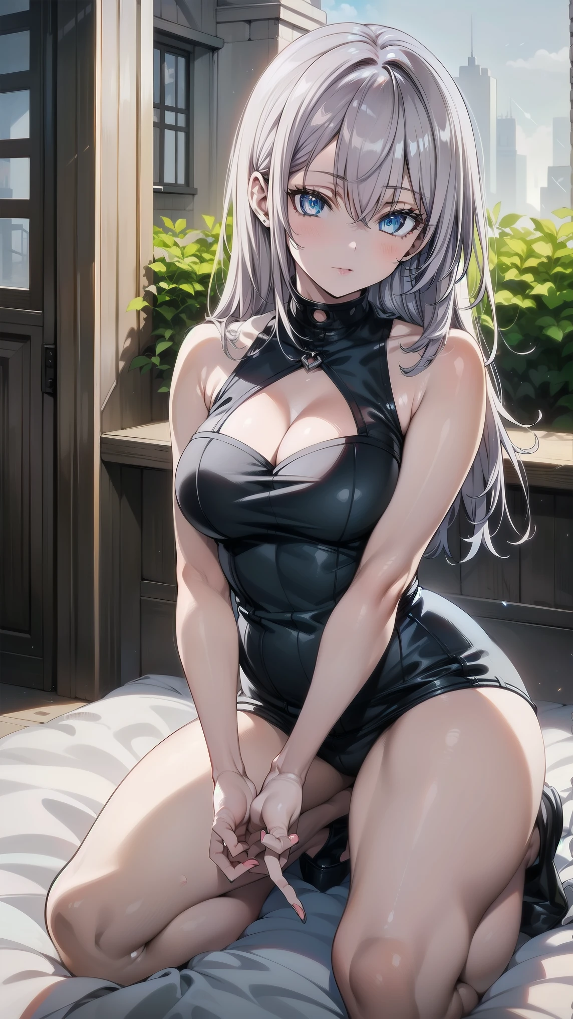 Kantai Collection, Kashima, large breasts, breast bags, slightly slanted eyes, long black rubber gloves, long black knee-high socks, dark blue one-piece swimsuit, wrinkled swimsuit, tight swimsuit, swimsuit reflecting light, wet swimsuit, wet skin, framed breasted, double bust, framed groin, framed navel, cleavage sticking to swimsuit, sunlight, one arm raised up, sitting, legs closed, from the front and slightly below, looking at the viewer, kind teasing kight smile