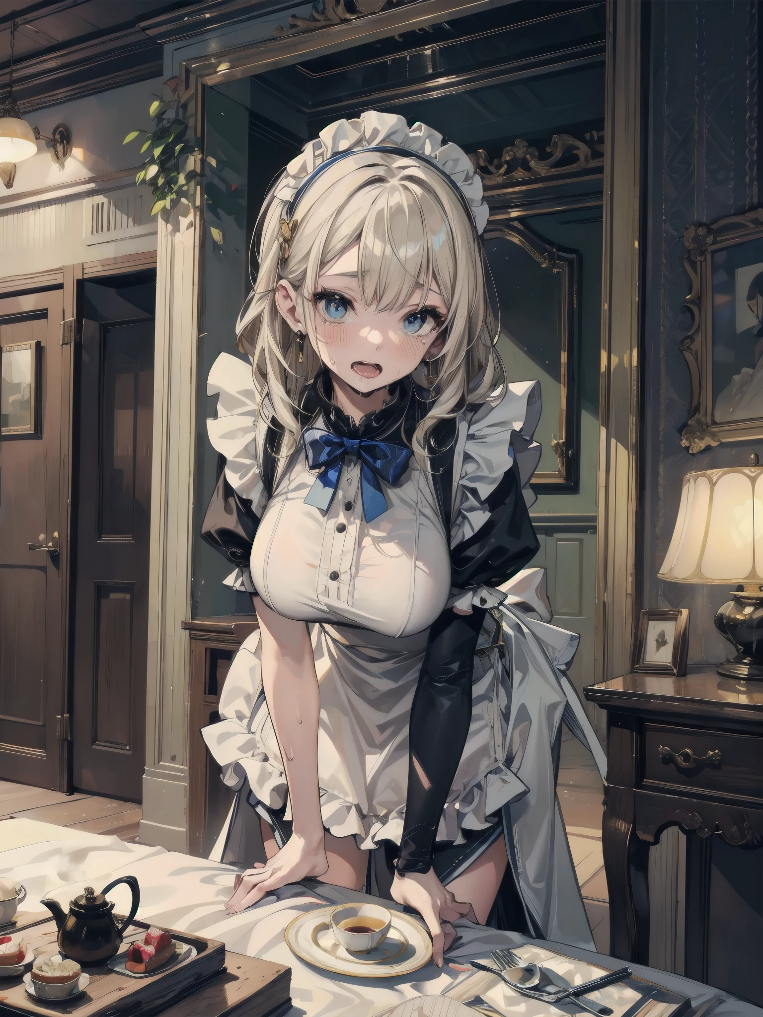 whole body, sickly maid, bloody axe, mansion, hall, absurdres, RAW photo, extremely delicate and beautiful, masterpiece, Best Quality, ultra high resolution, 32k, hyperrealistic, ultra-detailed description, pale skin, 20 years old, detailed beautiful face and eyes, tearful mole, earring, Colossal tits, short medium wavy hair,