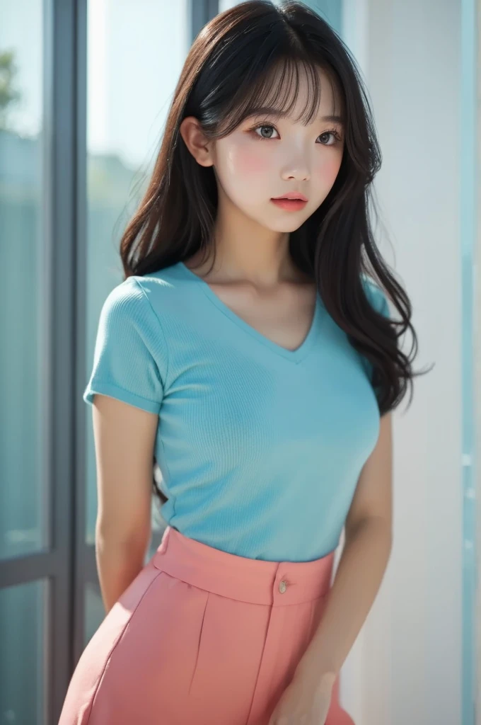masterpiece、Top image quality:1.2、((beautiful young woman with))、Transparent skin:1.2、{A slight smil}、(kawaii)、Short sleeve knit、luxury hotel、depth of fields、Sharp Focus、Fine details