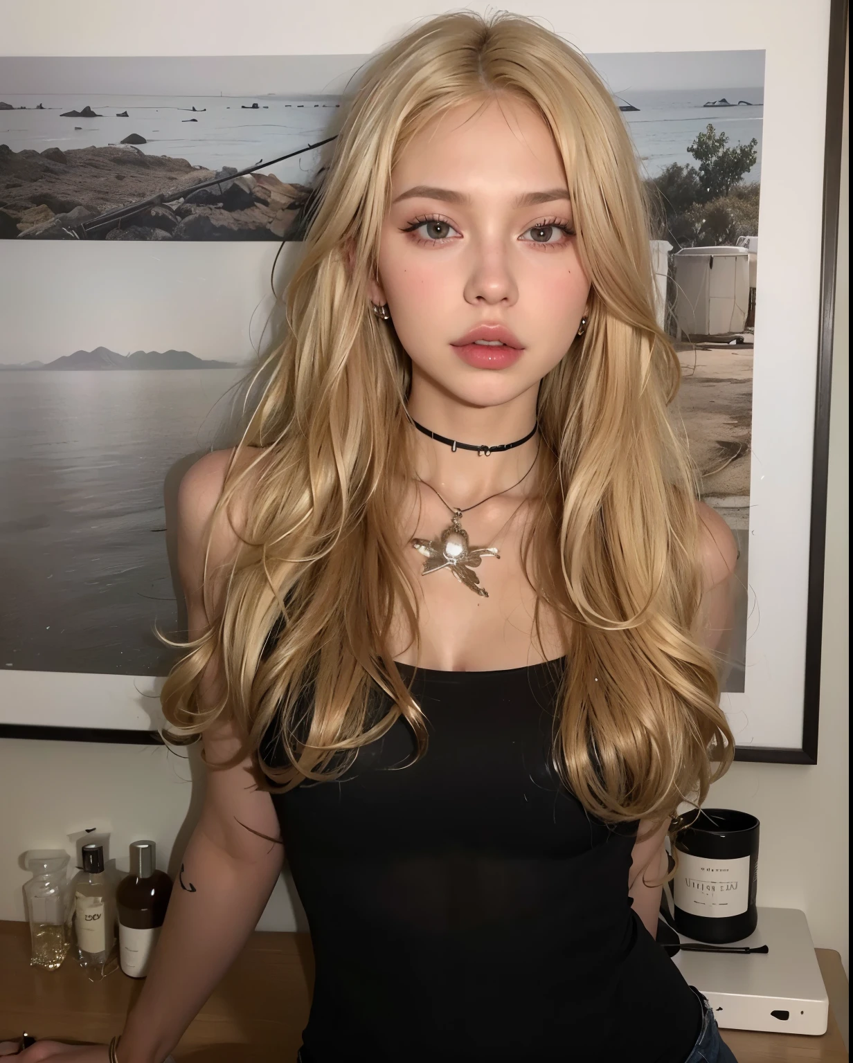  Blonde woman with long hair and piercings posing for a photo..., with long blond hair, with long blond hair, Chica perfecta de pelo blanco, ava max, tifa lockhart with blonde hair, pale porcelain white skin, anime girl in real life, with blonde hair, extremely blonde hair , very blond hair, with long blond hair, Her hair is blonde