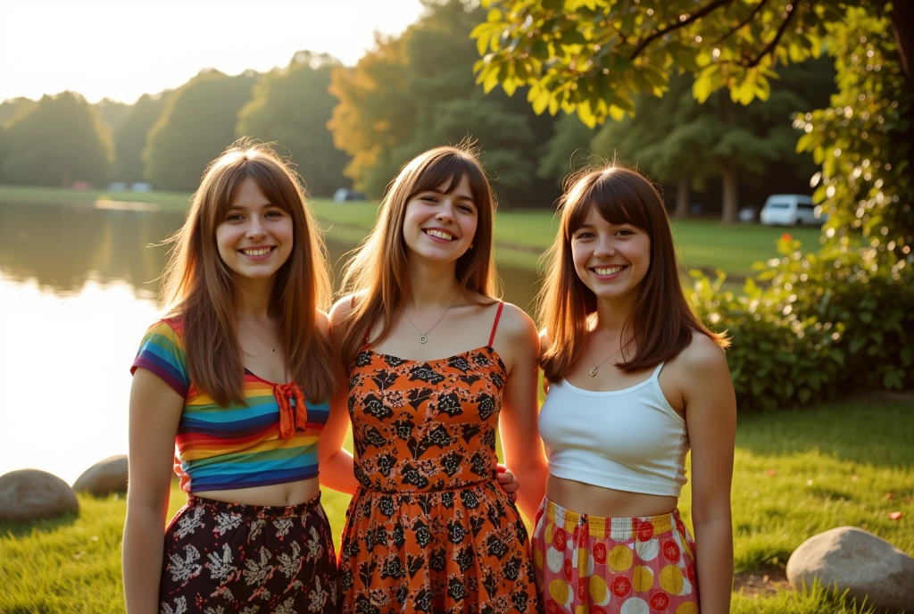 Three young women, beaming with joy, are gathered at a vibrant campsite on the edge of a serene lagoon, surrounded by majestic trees and lush bushes. Lush green grass stretches out beneath their feet, while smooth stones dot the scenery, creating a natural and welcoming atmosphere. Dressed in colorful, patterned clothes typical of the 1970s, each displays a unique style that reflects the freedom and daring of the era. The soft light of the fall afternoon filters through the leaves, tinging the air with golden and reddish hues, while laughter echoes, capturing the essence of a carefree moment. The vintage quality of the image, with a slight blur and graininess, evokes the nostalgia of a bygone era, transporting the viewer to a time of simplicity and connection with nature. The atmosphere is one of pure happiness, where every detail, from the clothes to the scenery, tells a story of friendship and freedom.
