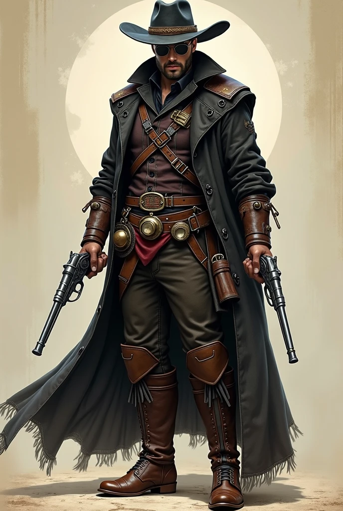 La mejor calidad posible, Ultra resolution 8K , Stunning illustration,la mejor de todas, premiado como el mejor, Scarecrow Stampunk Cowboy Dark Cloak Wind-Moved Hat Leather Belt, pistolas en cada mano, carga dos espadas en su espalda, action pose, agregar efecto al final, Super obra maestra, Super detailed , hiperdetallada