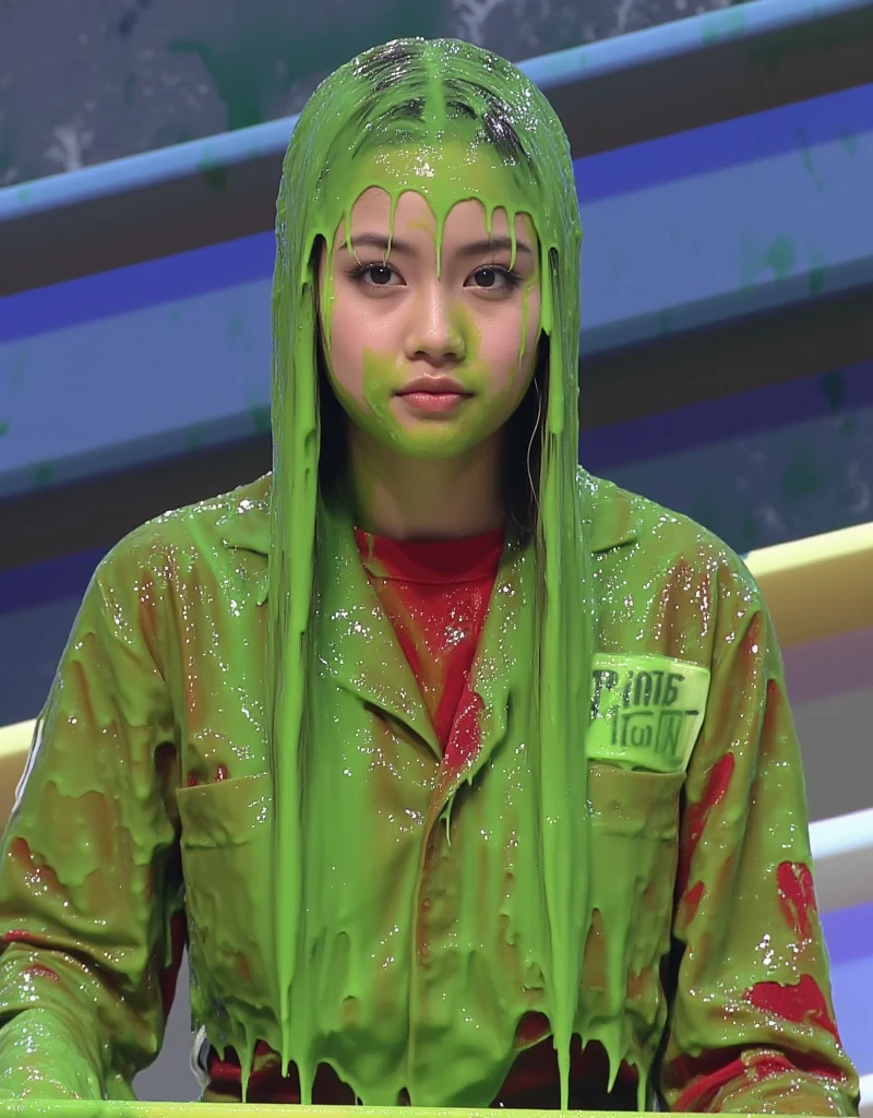 photograph of Korean girl covered in green slime. hyper-realistic style. Long fake eyelashes. Dripping green goo. 8k. Photorealistic. Glistening liquid. Green slime. Raw photo. Instagram influencer makeup. Korean Instagram influencer. Korean model. Korean girl. black eyeshadow.