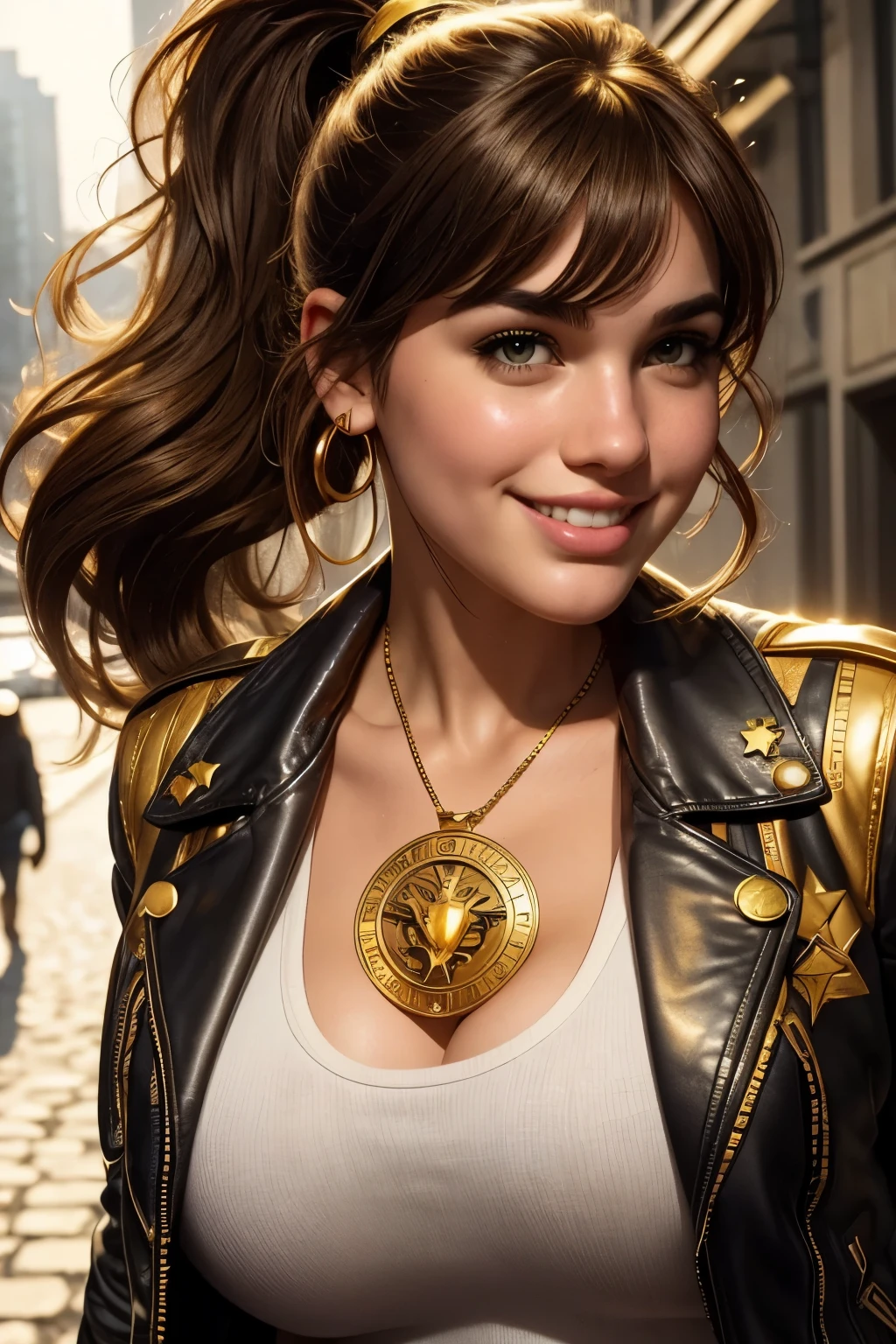 absurd quality. natural lighting . hyperrealism . fantastic illustration in comic book style . A plus-size girl , brown hair with bangs and ponytail , , shy smile , Wear a leather jacket with gold stars on the shoulders over a white t-shirt. Wear a gold medallion with zodiac symbols around your neck . huge natural breasts . near the face. close-up. LUMINOUS GOLDEN AURA, superpowers. lush. carefree. With attitude . Superhero style .