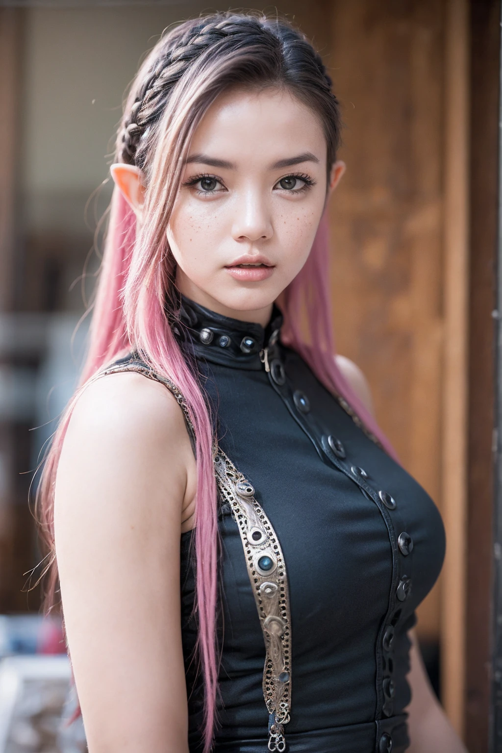 high quality, (Realisttic:1.2), analog photo style, Beautiful Elf woman, posing, with freckles and long pink hair braided, parted lips, (steampunk dark fantasy atmosphere), soft natural light, cute and sexy, great quality, Masterpiece, detailed strange background, better performance, 16k quality, HDR, RAW photo