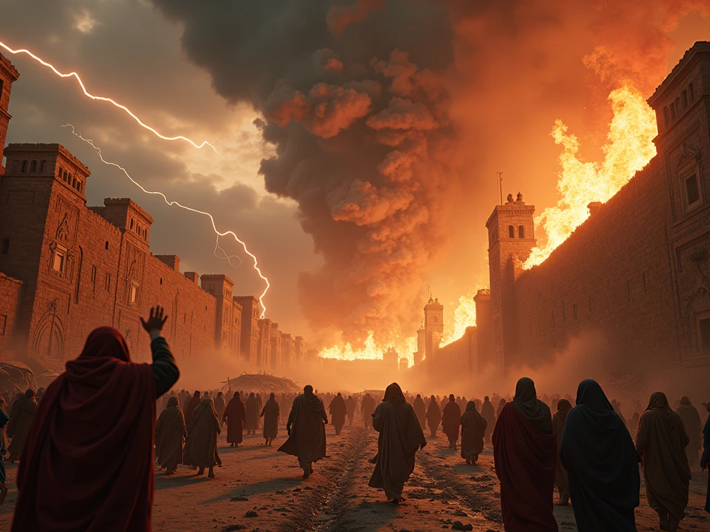 (masterpiece, high resolution, Greg Rutkowski style, photo-realistic:1.4), sprawling Persian warzone, shattered fortifications, fires raging, shadowy forms of fallen soldiers, innumerable (Turco-Mongol warriors:1.3) in war gear, aggressive horsemen, assault on (grand Persian city:1.2), 14th-century Timuric era, frosty dawn, cold colors, menacing ambiance, diagonal shot.