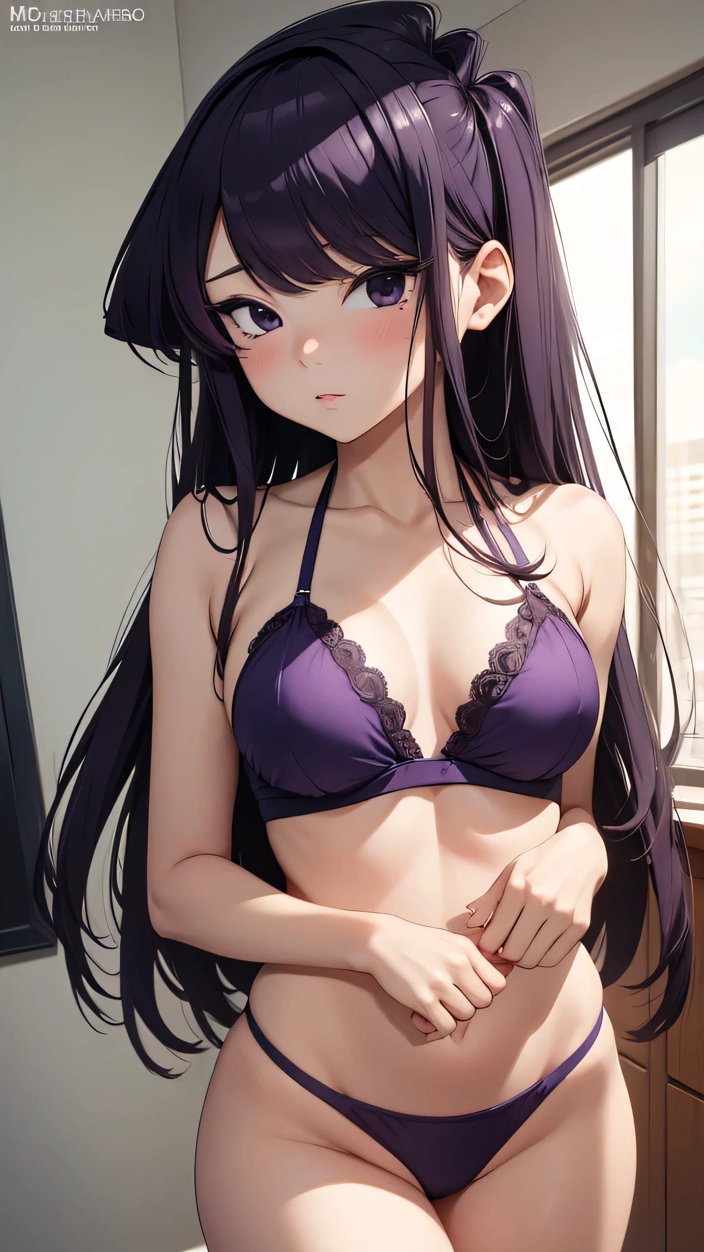 1girl, Hoshino Ai, long hair, purple hair, streaked hair ,purple eyes, (star-shaped pupils:1.2), sexy, lingerie, foot, toenails, smirk, full body, sitting in cozy room, looking away, looking at viewer