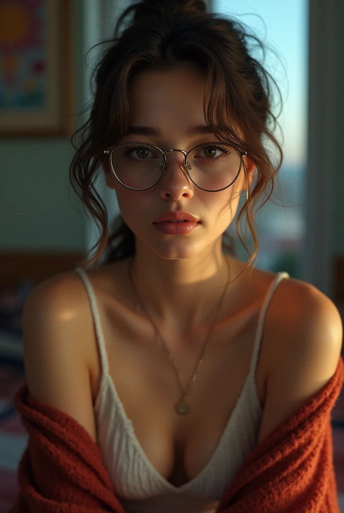 Realistic full body portrait, tiny 13 year old teenage girl, scared look, sidepart hairstyle, glasses, short  strapless crop top, plaid pajama pants