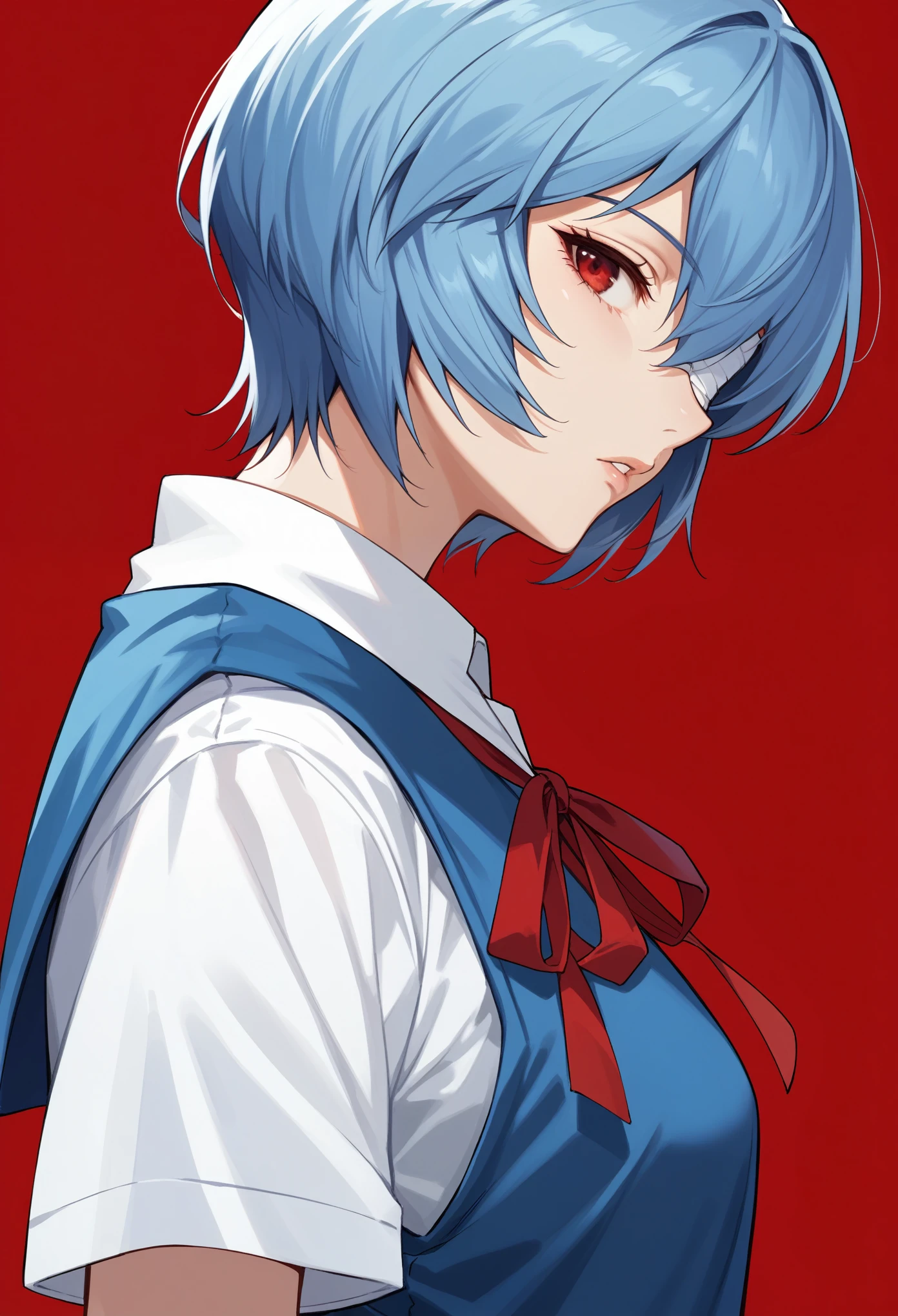 score_9, score_8_up, score_7_up,1girl, ayanami rei, solo, red eyes, short hair, blue hair, ribbon, bandage over one eye, school uniform, neck ribbon, red ribbon, looking at viewer, bandages, tokyo-3 middle school uniform, shirt,white shirt, short sleeves,red background, eyepatch, bangs, parted lips, one eye covered, dutch angle, from side, bandaged head, blue vest, expressionless, medium quality, late, 