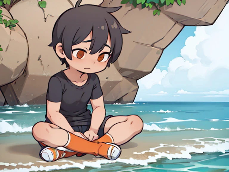 Shota boy, thick hair, orange eyes, detailed body, shirtless, shorts, high quality, masterpiece, beach background 