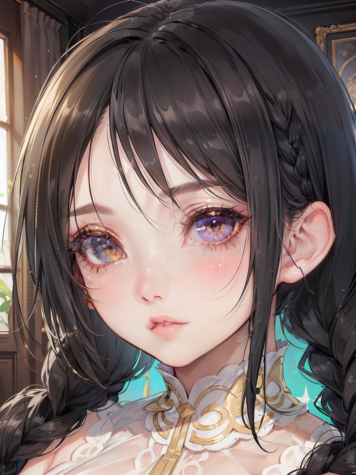 (masterpiece, top-quality, 1girl, black hair, long big braids, gold eyes, blushing, beautiful detailed eyes, beautiful detailed lips, extremely detailed eyes and face, long eyelashes, cute, beautiful), ((fullbody view))