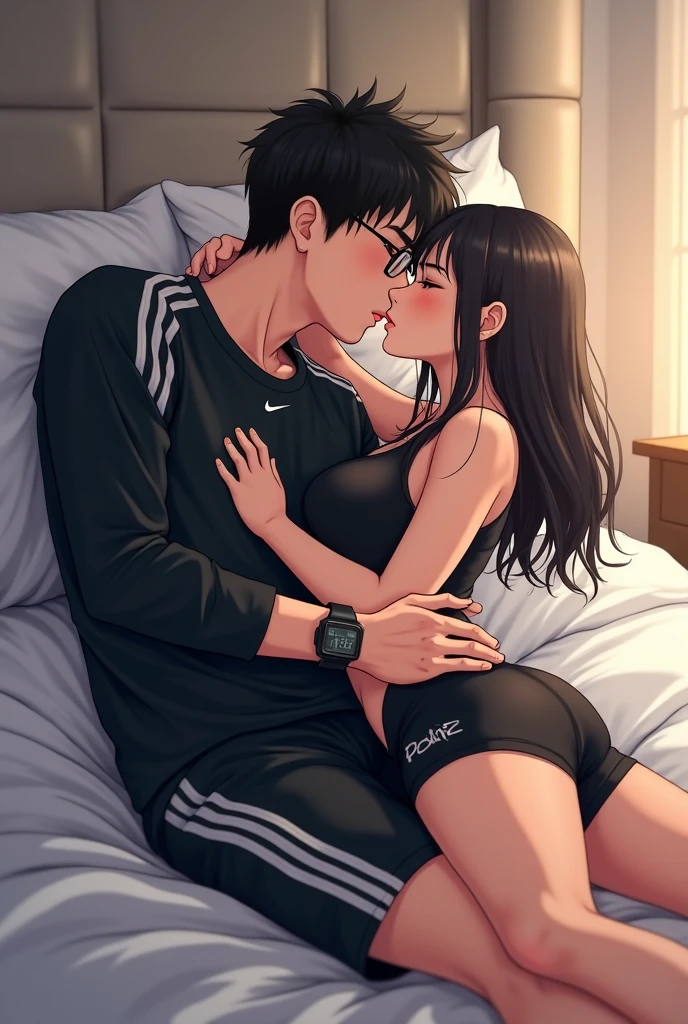 Boy and girl aggressively making out, on bed, night time, curious, nervous, blushing, sweating, first time