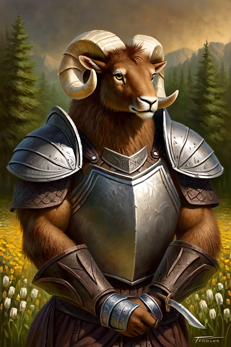 semi realistic, masterpice, painting style, male ram, comic book style, illustration, solo, ((dressed in full plate armor, old-fashioned armor with fabric yellow and black inserts)), holds а sword in his hand, turned sideways, looking away, looking into the distance, focused look, big body, strong body, tall, matted body, monocolor body, brown body, short brown fur, matte body, detailed hands, detailed eyes, ram horns, cream color horns, yellow sclera, black eyes, detailed torso, meadow early in the morning with short grass and flowers background, waving military banners and flags in the far background, masterpiece, best art, by taran fiddler