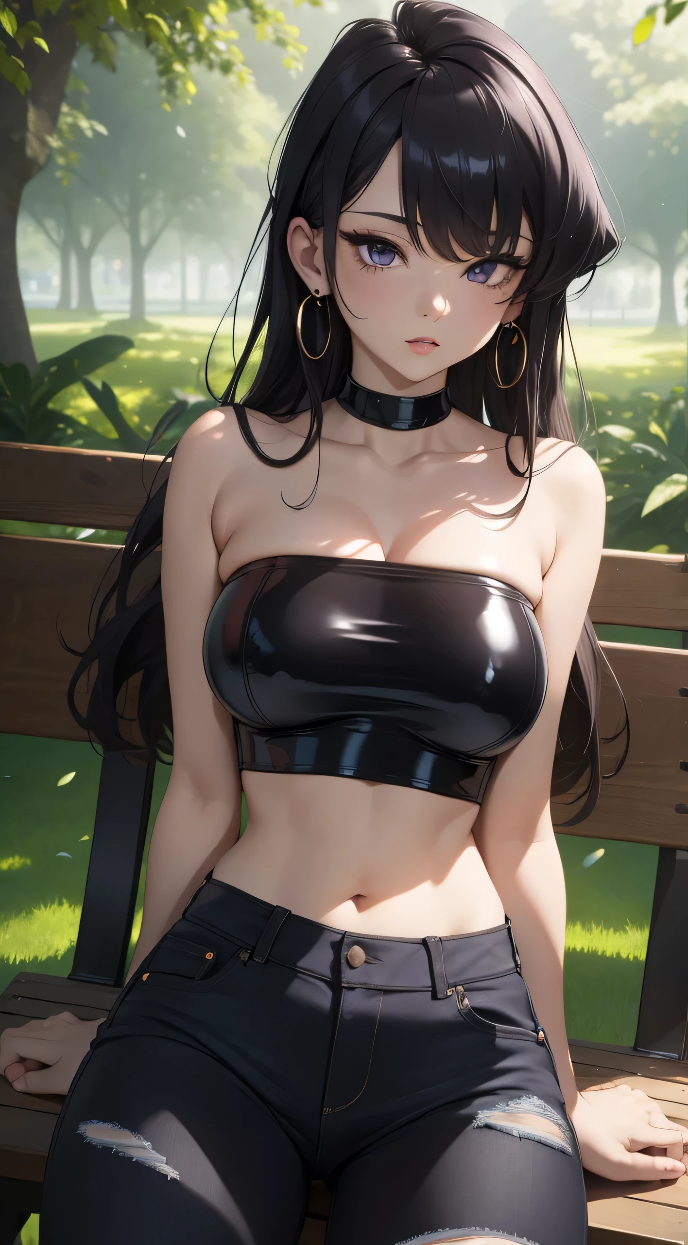 8k, highres, ultra detailed, (masterpiece:1.4), best quality, symmetrical body, (black latex strapless crop top:1.4), (jeans shorts:1.4), stockings, choker, cute, solo, earrings, long hair, black hair, purple eyes, glow effect, finely eye, detailed face, looking at viewer, seductive face, in the park, sitting on bench, angled view, big breasts, seductive look, perfect fingers, crossed arms