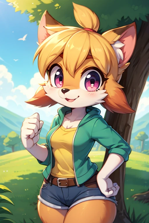 A closeup of a cartoon fox wearing a green shirt and blue shorts, fox girl, tonic the fox, a den fox, mini girly furry cute style, female fox, female fursona, furry fursona, fursona wearing elegant clothes, furry furaffinity, a den foxpomorfo, portrait of a den fox, fursona art, furry character, naked