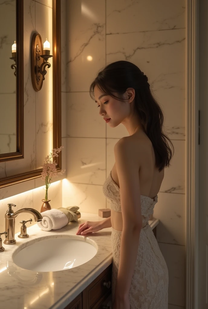 Create a detailed image of a naked full body koreanese beauty pageant on the bathroom.