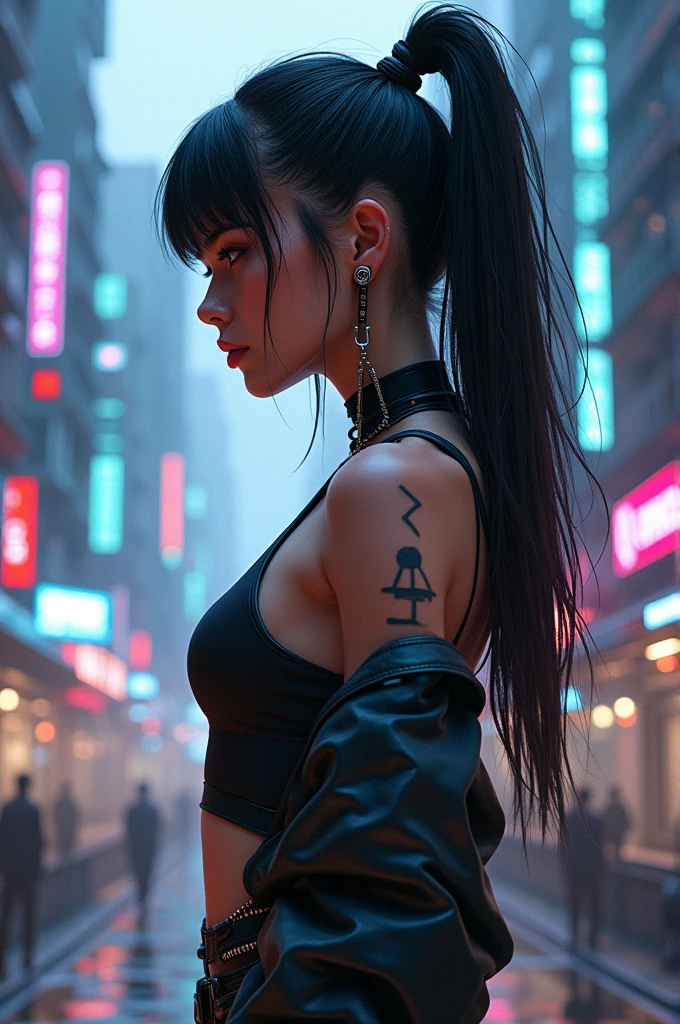 ((masterpiece))((highest quality))((27 year old girl,shoulder length highlight hair ))head to knee portrait ((she's seductively standing alluringly sexual revealing herself through opening her outfit. Partially exposed breast naked. )). ((Background is a Highly detailed cyberpunk club at night with multicolor LED lights. Graffiti .Luminous.))4k. Highly intricate details. Cinematic. Highly Reflective wet sidewalk.