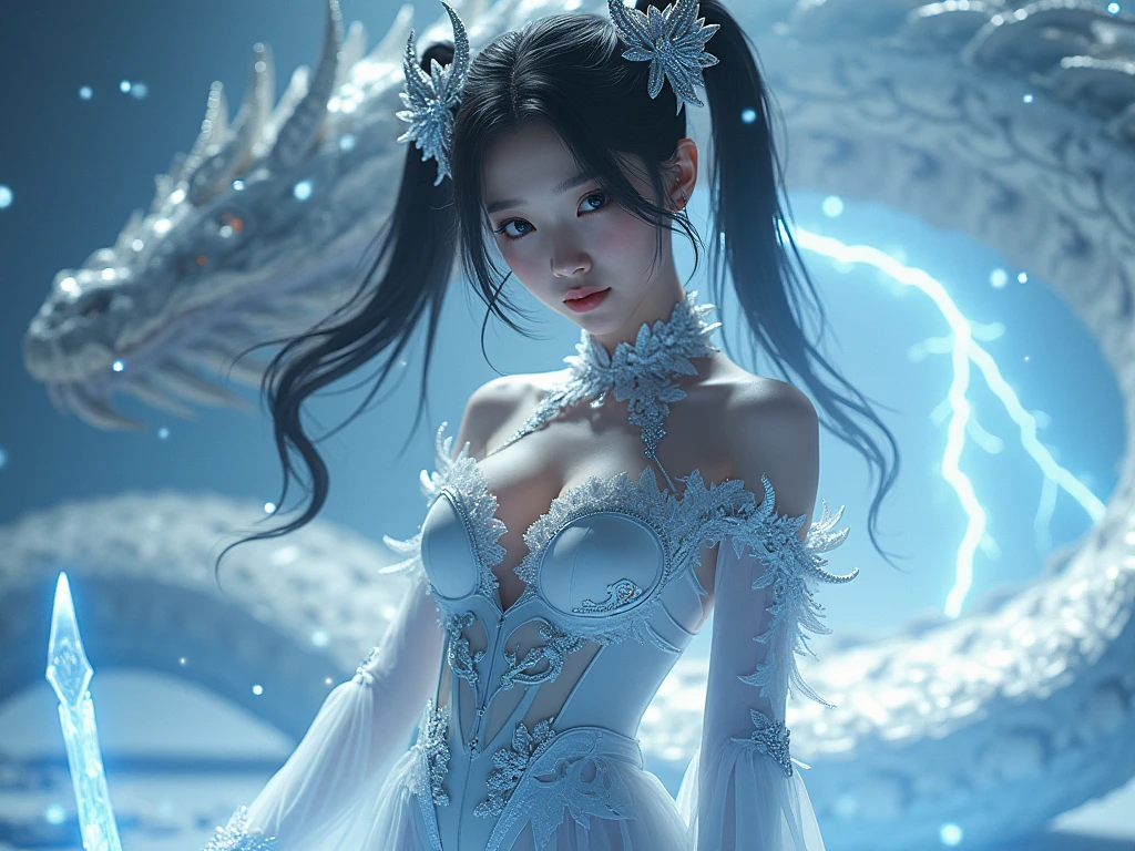Artistry can deliver a breathtaking scene of a female raven with cascading dark hair down her shoulders, framing intricately detailed anime faces that shine with movie lights. Her beautiful complexion and natural cheeks contrast sharply with the textured skin of a dragon's scales. Her deep, adorned double eyelids and thin ebony eyebrows are anatomically correct, with anatomically correct eyes that stare intently at the dragon, reflecting the white dragon's captivating azure-ash eyes. Her lips are shiny and pink, slightly parted, revealing her perfectly white teeth. The female hand is delicately rendered, each nail polished, with every detail shown in high resolution and ultra