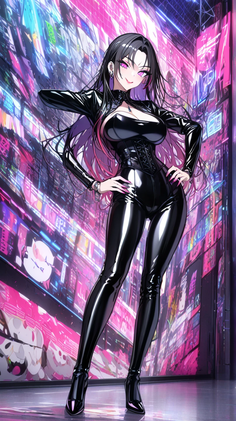 score_9, score_8_up, score_7_up, source_anime,
KitagawaMarin,
1girl, smile,
multicolored hair, long hair, magenta eyes, ear piercing, earrings, pink nails, makeup,
Marin kitagawa, (masterpiece, best quality), mib 2, sexy, HD, silver necklake, Big breast, black leather jacket, black latex corset, black leather pants, black heels, perfect body, sexy pose, hands on own hips