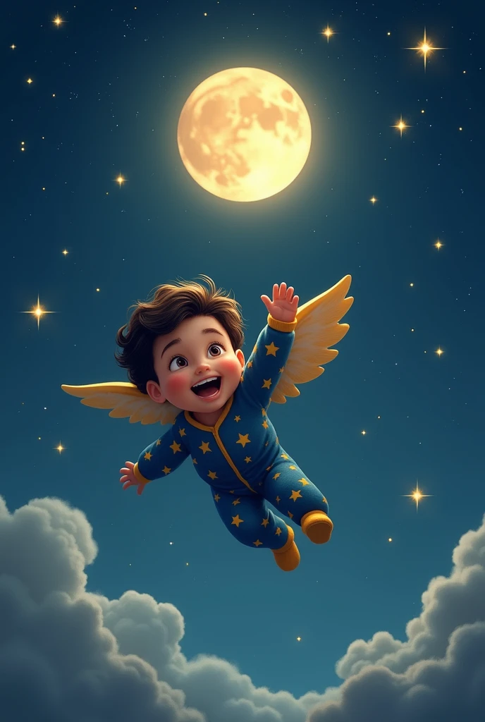 
2. **رات کی سیر**  
   "A child in pajamas floating joyfully in the night sky, being carried by the glowing moon. The child is surrounded by sparkling stars and soft, fluffy clouds. The moonlight bathes the child in a gentle glow, highlighting the excitement and wonder of their celestial adventure."

