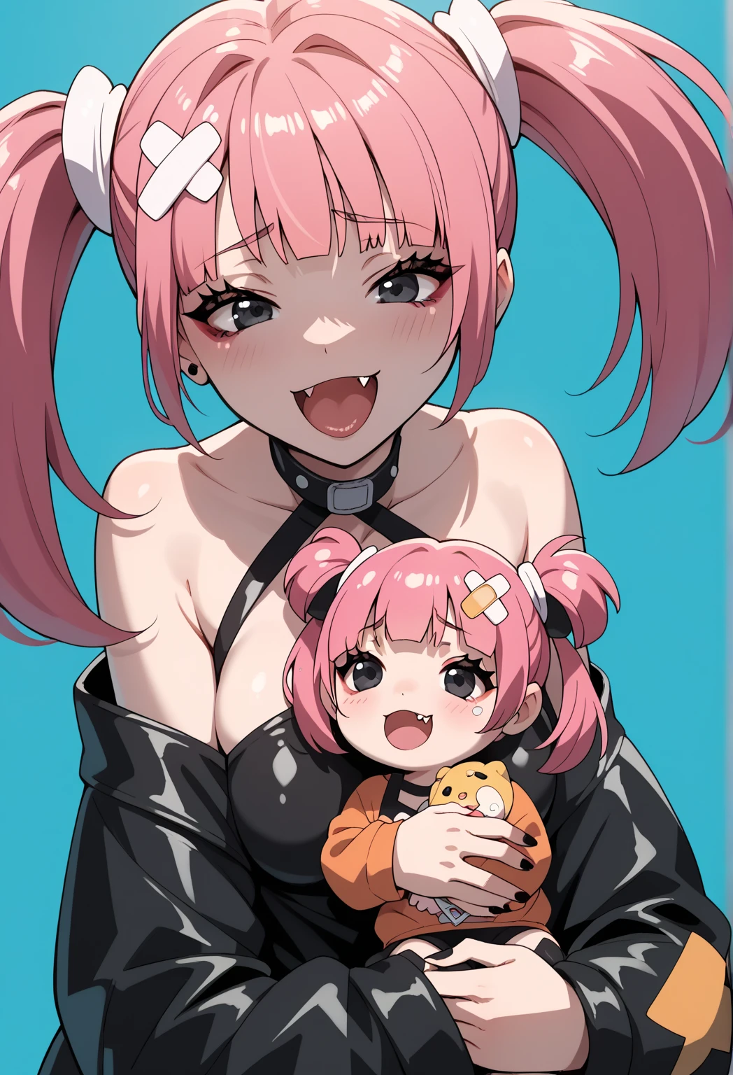 BREAK Those_Anime-Series, sango, aacoral, multicolored hair, pink hair, twintails, hair ornament, bandaid, black eyes, fang, pale skin, medium breasts, BREAK  mother and ****, ***** girl,hugging up, ****