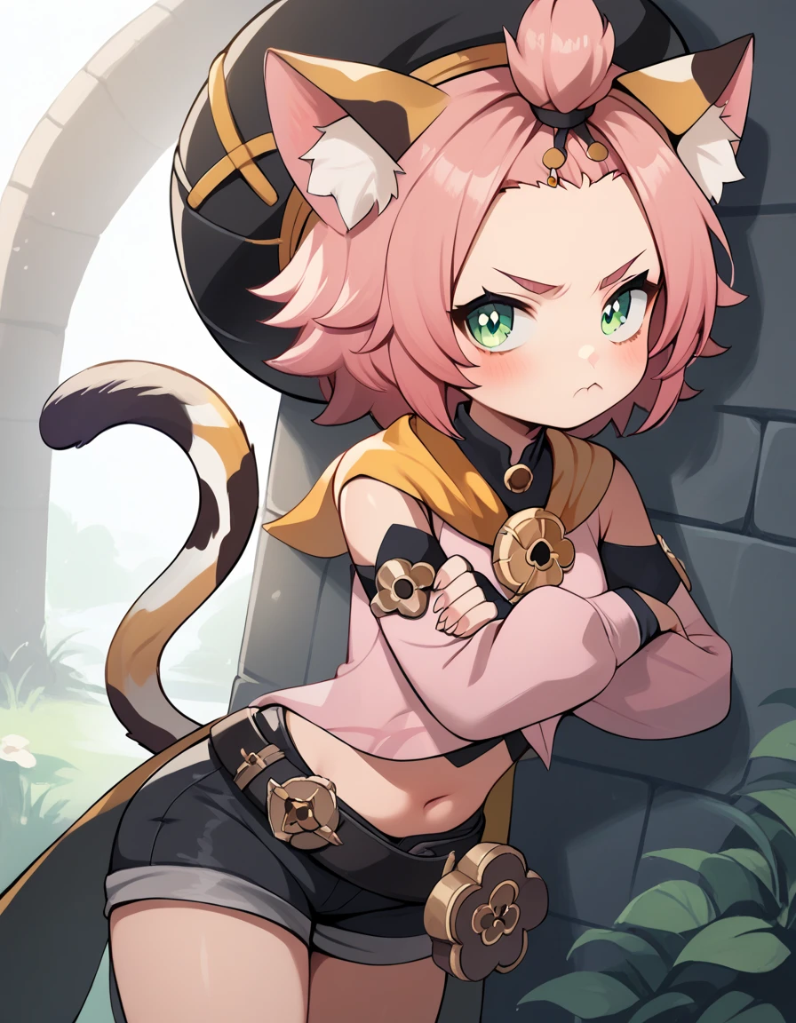 score_9, score_8_up, score_7_up, score_6, source_anime, BREAK diona \(genshin impact\), mngmst_style, 1girl, animal ear fluff, animal ears, annoyed, belt, black shorts, cat ears, cat girl, cat tail, crossed arms, forehead, green eyes, hat, looking at viewer, navel, pink hair, pink shirt, pout, shirt, short hair, shorts, solo, tail, topknot