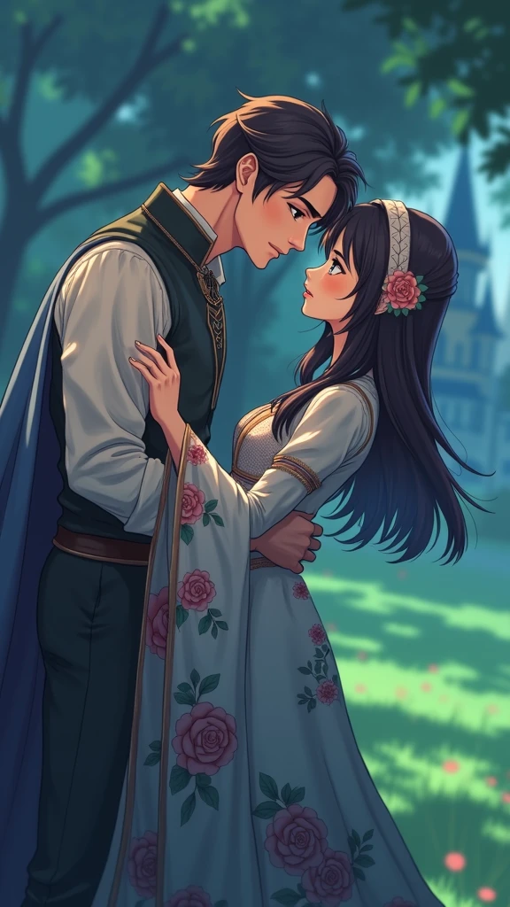 2D ART, hyper detailed gouache painting, realistic features, cartoon, illustration, gougoupaintleaves style:1.2, 1girl wearing a vibrant medieval peasant about to kiss 1boy wearring tunic and leggings, at night, full body shot of a young couple walking together in a dark forest, hyper detailed faces, soft serene expressions, detailed clothing, High-quality illustrations, Trending on artstration, wide angle shot, flat painting, Illustration Art, Ilya Kuvshinov style, The Art of Mathematics ilya kuvshinov, highly detailed, uhd image, intricate details detailed scene background, detailed, 8k, trending, amazing art, score_9, score_8, score_7, a digital painting inspired by Will Barnet, by Magalli Villaneneu, tumblr, Digital Art, incase style, Digital Art