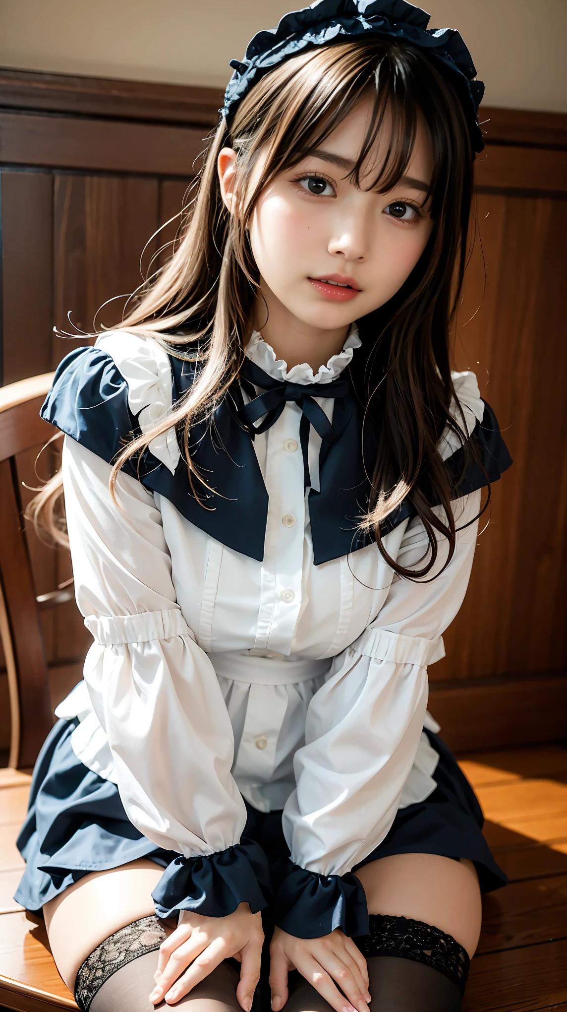 ((Top image quality、8K、​masterpiece：1.3))、Realistic high-quality photos、top-quality、girl cute-fine face、 beautiful Japan girl、Photo of slim little girl Beautiful girl model、young japanese girl、Young cute face、japanaese girl、13-year-old femaleodeautifModel Girl、The innocent look of the girl next door、lovely delicate face、Brown hair、Beautiful brown eyes、Tear bag、drooing eyes、young body、pinafore, Black Dress, maid, Symbol shape pupils, Maid headdress, a black ribbon, Heart-shaped pupil, frilly dress, Breasts out, x hair ornament, Waist apron, White Apron, Pink ribbon, Roswaal Mansion Maid Uniform, Indoors