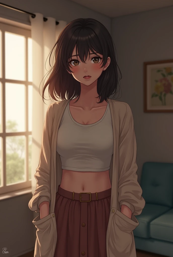 Anime girl with big bust wearing disheveled t-shirt,shorts and a sweater tied around the waist with messy medium brown hair in a messy room 