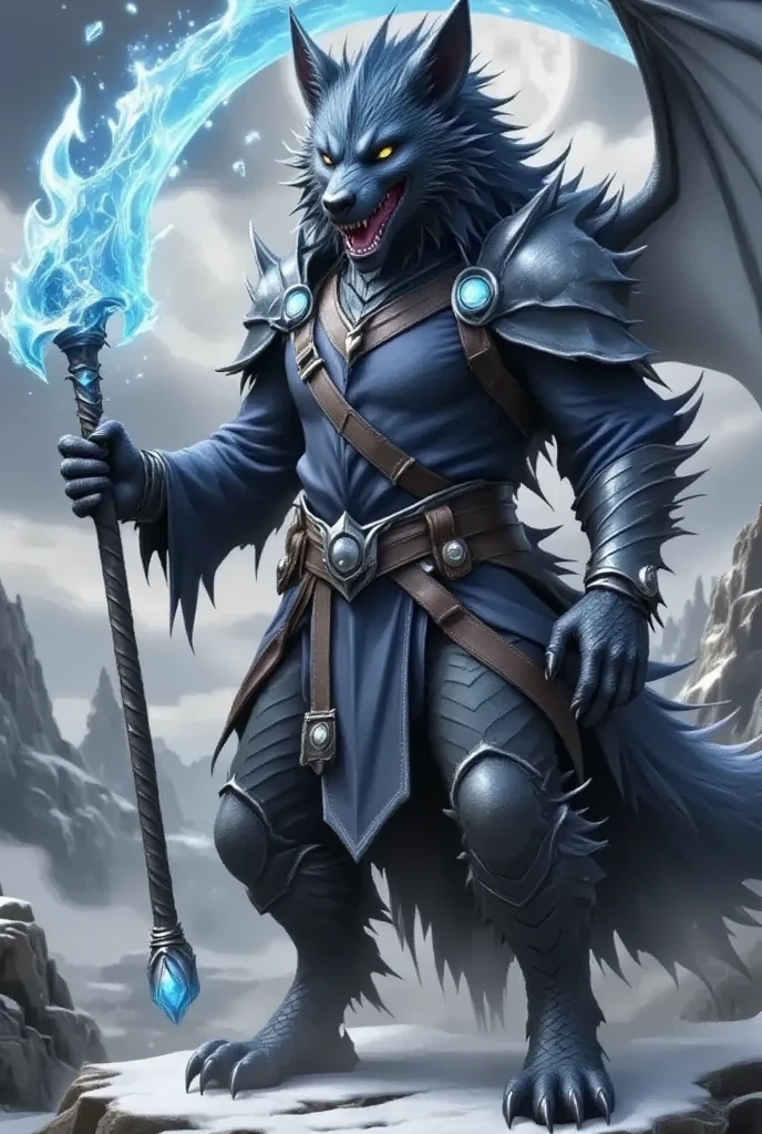  Den's male black wolf with yellow eyes has a big scythe、 has a blue fire scythe ,  pose, Alone, Expressions of hatred,  artwork,  Best Art , whole body,  by violinist Taran ,  Detail Eyes,  detailed body , nail, Tall, Pants black ,  blue shirt,