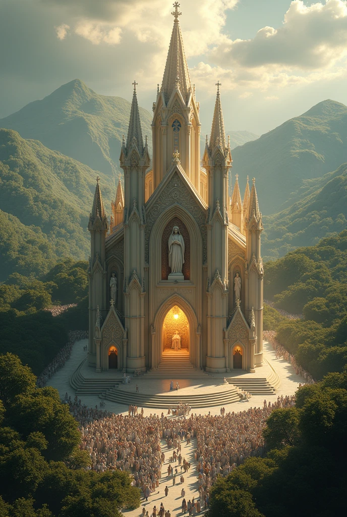 there is a large Ethiopian Orthodox Church building with hemispherical Dom that is built into the side of a mountain, intricate matte painting, matte painting of human mind, digital matte painting, ancient yet futuristic, elaborate matte painting, hyperdetailed 3d matte painting, hyperdetailed 3 d matte painting, extravagant matte painting, epic matte painting, epic cinematic matte painting, matte painting concept art, giant tomb structures,smoke, tree, white cloth wearing people circling the church
