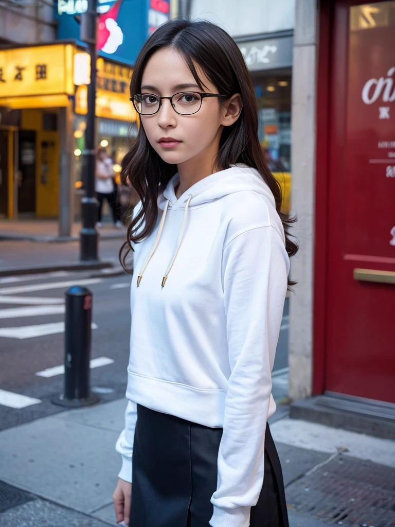 Photo of a beautiful woman standing on a street corner, (masterpiece:1.2, highest quality), (Realistic, photoRealistic:1.4), Beautiful illustrations, (Natural Side Lighting, Cinema Lighting), Written boundary depth, Beautiful thighs staring at the viewer, (((Face Focus, Upper Body))), 1 female, 30-year-old, alone, thin, slender, small breasts!!!, Loose curly hair, Bedhead, thin, slender, (((glasses))), hoodie, long sexy skirt, Are standing, Paris on a clear day with park in the foreground