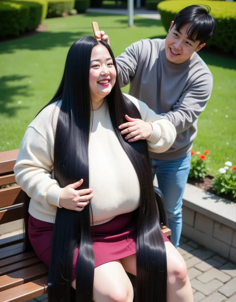 8k,Highest quality, masterpiece, Ultra-high resolution,(masterpiece:1.6, Highest quality), Intricate details, ((1female and male)),(( A young man combs the mature woman's ridiculously long black hair with a wooden comb.:1.5)),((熟女と若い男がgardenのbenchで身体を密着して座っている:1.5)),((garden,bench,Wooden comb:1.2)),｛woman,Middle-aged woman in her 50s, japanese, full body, ((leaning foward, dynamic pose:1.3)),top of head, ((Absurdly long hair:1.5)), ((jet Black Hair)), ((forehead:1.5)),fat body, Fat face, round face, Saggy face, ((huge breasts, gigantic breasts:1.5)), ((super Saggy breasts:1.5)), ((pale skin, shiny skin, red lips,Smiling happily)),((Cream colored sweater,Maroon Mini Skirt))｝,｛male,20th Generation, Grey Sweater,jeans, short hair , nervous expression entering the front door｝