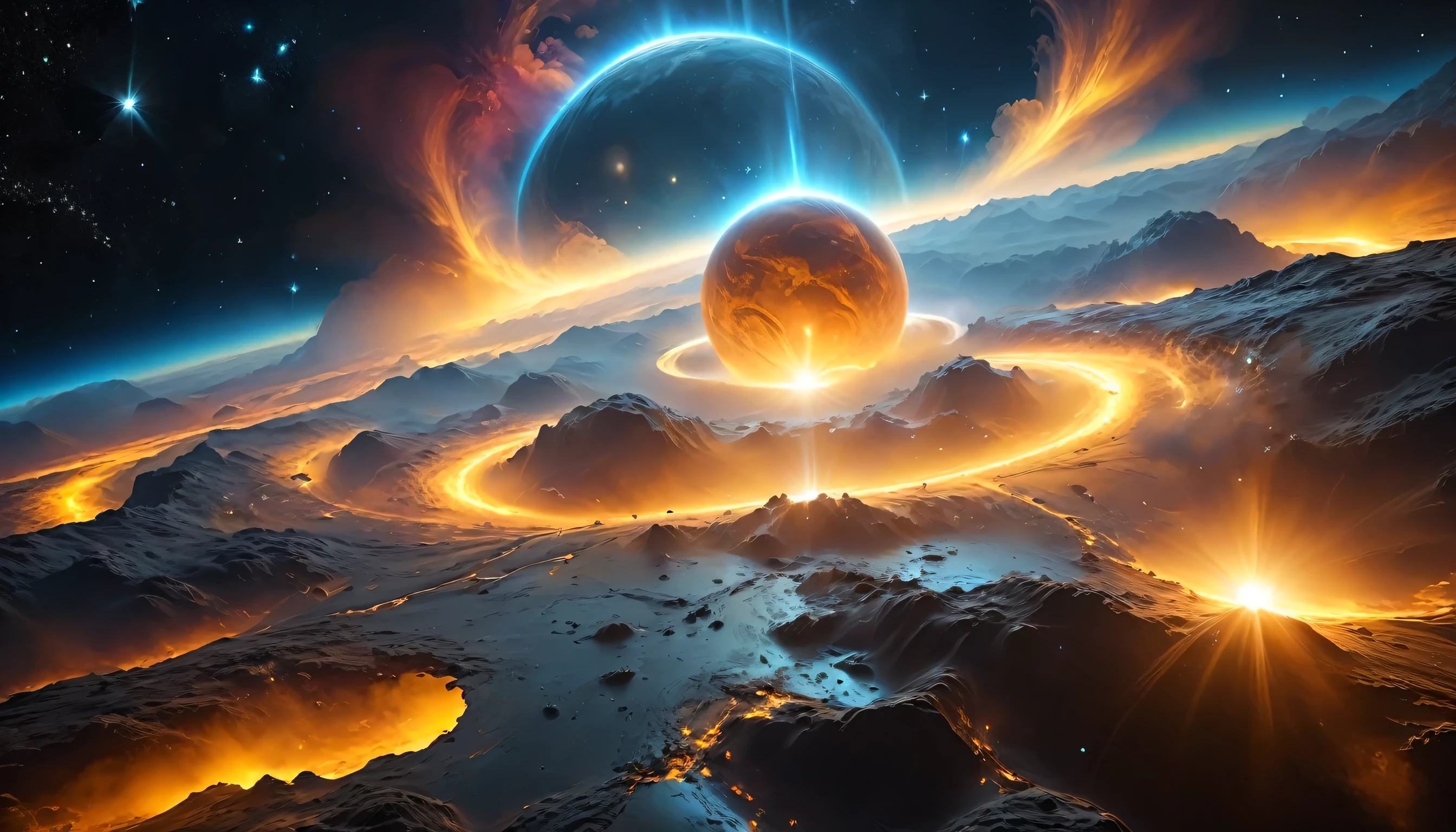 "A stunning scene of a protostar forming in the heart of a dense nebula, swirling clouds of gas and dust illuminated by warm golden and orange hues, faint outlines of emerging planets in the distance, photorealistic rendering, inspired by space science visuals, cinematic lighting effects, ultra-detailed composition, 8K resolution."
