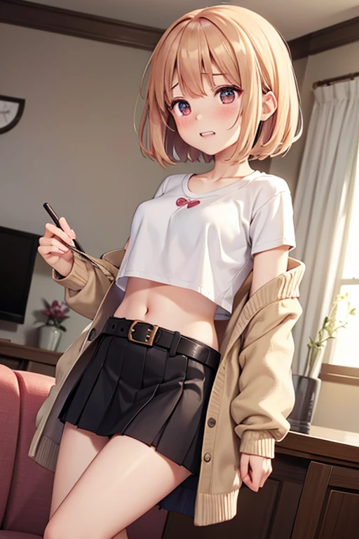((masterpiece)), ((best quality)), ((4K)), girl, pinch hemline of shirts, lift hemline of shirts, show glimpse of belly button 