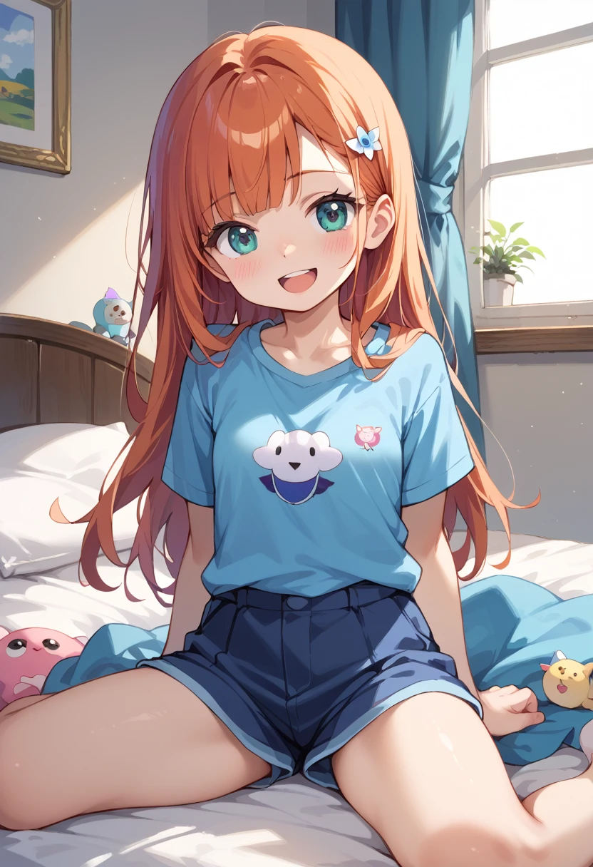 (( best quality)), ((masterpiece)), (be familiar with),  perfect face, indoor, bedroom,  watching viewers ,
One woman,  Gamemun Neko ,
 characters with open mouth ,  ecstatic expression with hands in front of body, blush, smile,
Small breasts,  flat chested, Young girl, Lori,  kids,  girl,
 long hair,  long hair,
Leg spread,