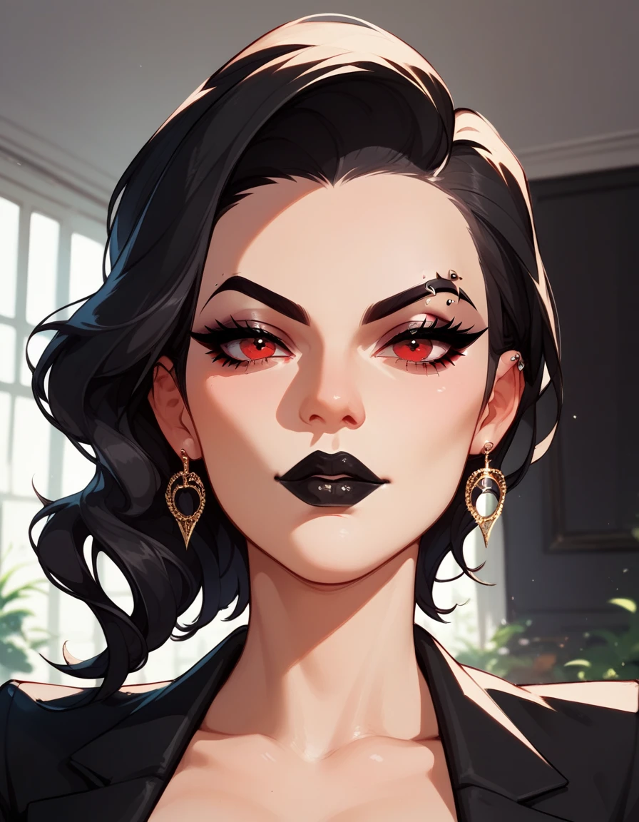 mafia, long black hair with elastic, eyebrow piercing, scarlet red eyes, Black Lipstick,  long lashes, black suit