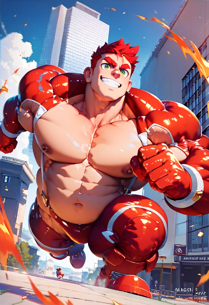 (8K,  RAW photo,  Highest quality ) ( masterpiece ,  Best Quality , Detailed:1.2) Muscular 30yo man ,   expressive eyes  , red head,  green eyes,  Running to the fire in the building ,  He wears a red latex thong and a fireman's cap., huge lump,