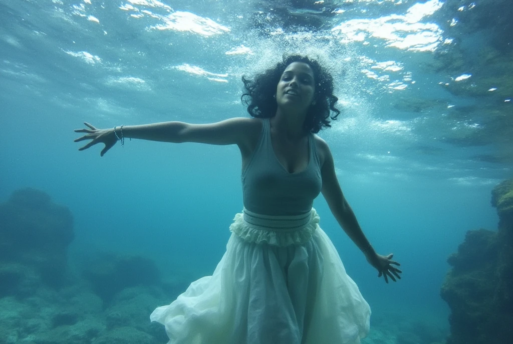 A woman falling into the ocean and submerging 
