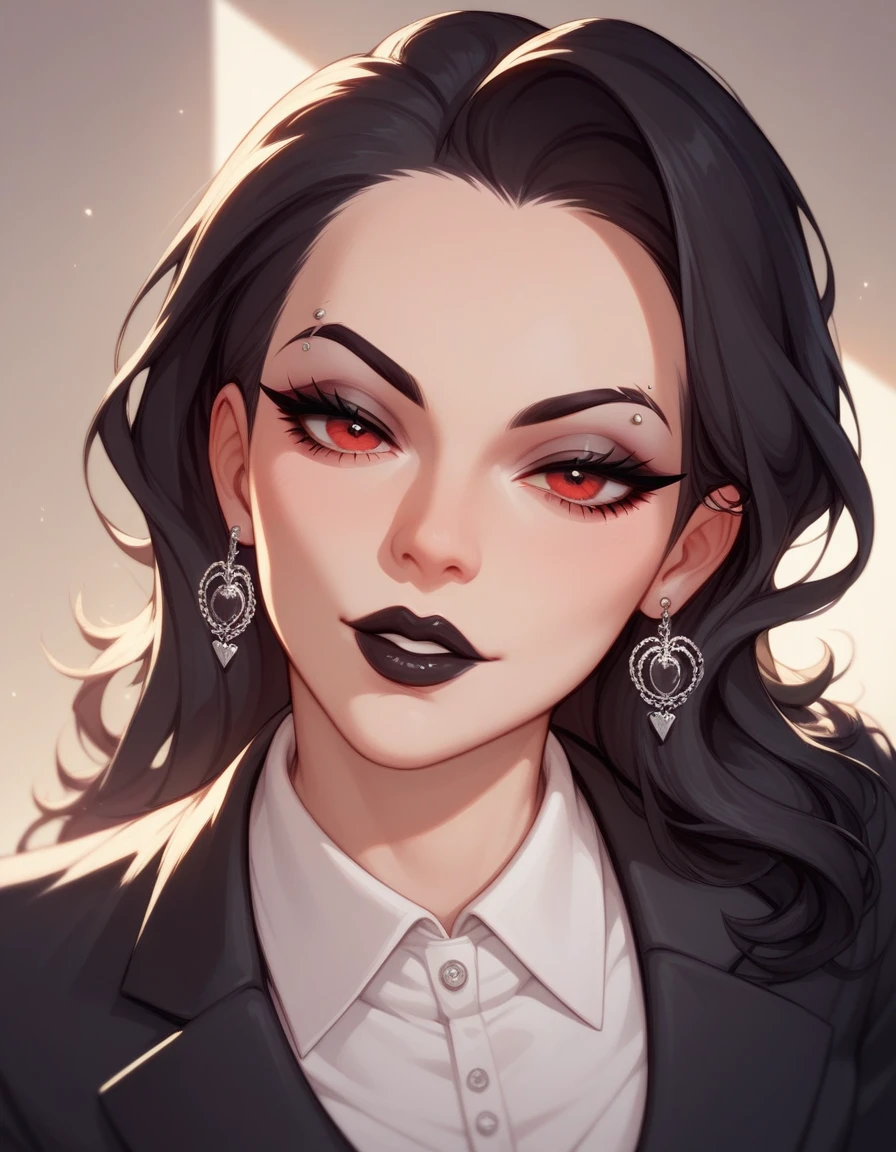 mafia, long black hair with elastic, eyebrow piercing, scarlet red eyes, Black Lipstick,  long lashes, black suit